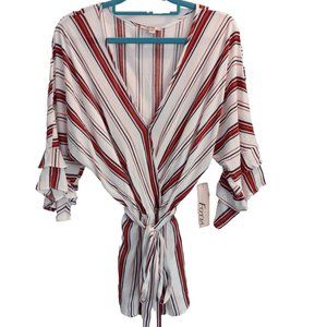 NWT Fotia Belted Tunic Ruffle Sleeves Top Shirt Blouse Striped Sz M